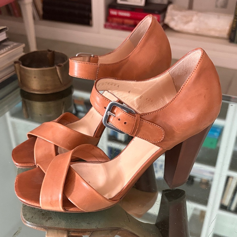 Cole Haan Tan Leather Mary Jane Block Heel Sandals